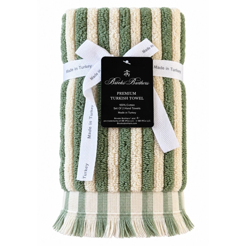 Brooks Brothers Hand Towels Ivory Green Luxury Thick Turkish Cotton Set of 2